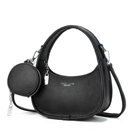 Women Fashion PU Leather Crescent Hobo Bag With Small Coin Purse Litchi Grain Shoulder Crossbody Handbag For Daily Use