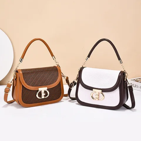 Women's Vintage Contrast Color PU Leather Shoulder Bag Woven Texture Crossbody Bag With Top Handle Fashion Metal Lock Handbag