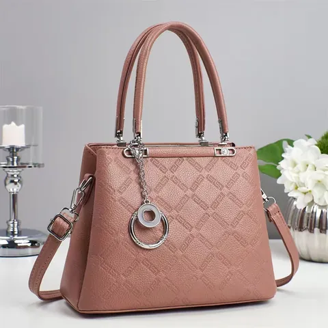 Borsa da Donna con Goffratura a Quadri in Pelle PU Grande Capacità Borsa a Tracolla Con Ciondolo ad Anello d'Argento Minimalista
