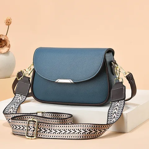 Women PU Leather Crossbody Bag Fashion Wide Woven Strap Lychee Texture Saddle Bag Versatile Shoulder Handbag Daily Purse