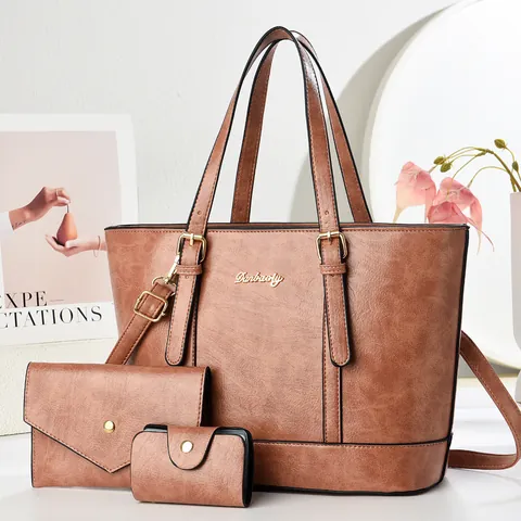 Women PU Leather Tote Handbag Wallet And Card Holder Gold Hardware Large Capacity Crossbody Daily Work Minimalist Elegant