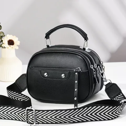 Women Crossbody Bag PU Leather Litchi Grain Multi Compartment Large Capacity Shoulder Bag Geometric Wide Strap Fashion Handbag