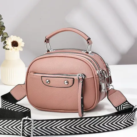Women Crossbody Bag PU Leather Litchi Grain Multi Compartment Large Capacity Shoulder Bag Geometric Wide Strap Fashion Handbag