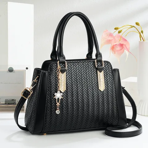 Borsa a Mano Donna in Pelle PU Trama Intrecciata Con Ciondolo Fiore Strass Grande Capacità Vintage Occidentale Tracolla