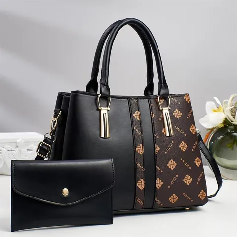 Mode Damen Farbblock PU Leder Handtasche Und Passendes Portemonnaie Set Buchstabendruck Große Tote Tasche Mit Schultergurt