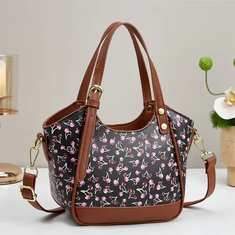 Bolso de Mano de Cuero PU con Estampado de Cereza Estilo Coreano para Mujer Bolso de Hombro Floral de Moda Tote Bag Versátil