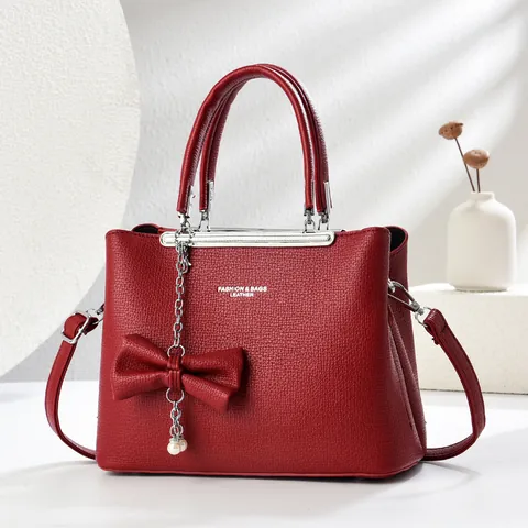 Women Lychee Pattern PU Leather Handbag Stylish Bow Artificial Pearl Pendant Large Capacity Shoulder Crossbody Bag Daily Fashion Tote