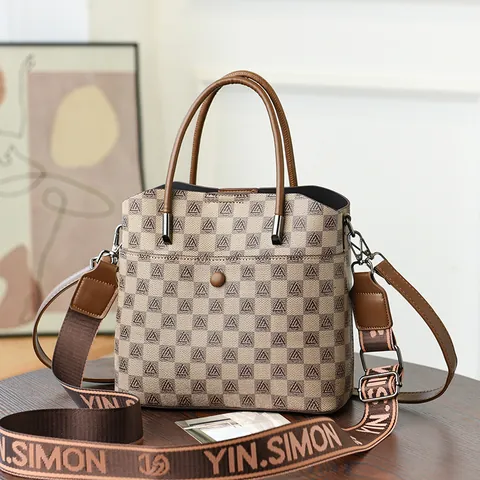 Women Vintage Printed Large Capacity Bucket Bag Retro Monogram Tote Handbag Wide Shoulder Strap PU Leather Crossbody Bag
