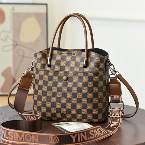 Women Vintage Printed Large Capacity Bucket Bag Retro Monogram Tote Handbag Wide Shoulder Strap PU Leather Crossbody Bag