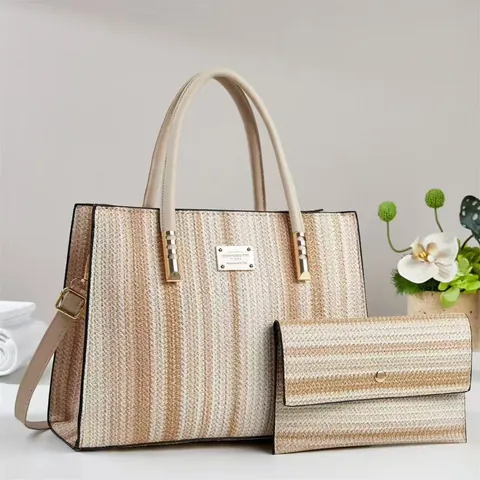 Fashion Striped Large Capacity Tote And Wallet Handbag PU Leather Straw Texture Shoulder Bag For Women Commuting Travel