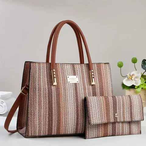 Fashion Striped Large Capacity Tote And Wallet Handbag PU Leather Straw Texture Shoulder Bag For Women Commuting Travel