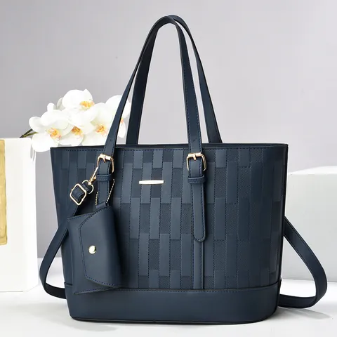 Fashion Women Large Capacity PU Leather Tote Bag And Matching Pouch Geometric Texture Handbag Shoulder Bag Gold Hardware