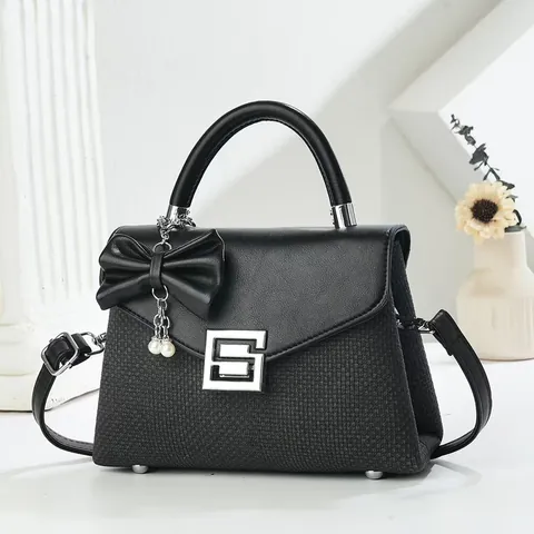 Dames High-End PU Leder Crossbodytas Contrastkleur Handtas Met Strik Kunstparelhanger Geweven Textuur Flap Schoudertas Voor Dagelijks