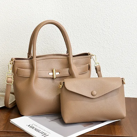 Ensemble de Sac Seau en Cuir PU Grande Capacité pour Femmes Motif Litchi Deux Pièces Sac à Bandoulière Minimaliste