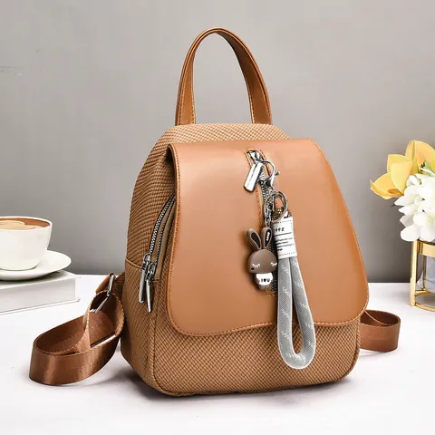 Fashion Women Mini Backpack PU Leather Woven Stitching With Rabbit Charm Trendy Student School Travel Daily Shoulder Bag