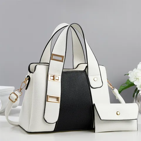 Fashion Women PU Leather Litchi Grain Handbag And Matching Purse Colorblock Shoulder Crossbody Bag For Daily Use Travel