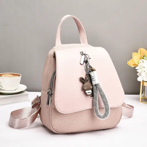 Fashion Women Mini Backpack PU Leather Woven Stitching With Rabbit Charm Trendy Student School Travel Daily Shoulder Bag