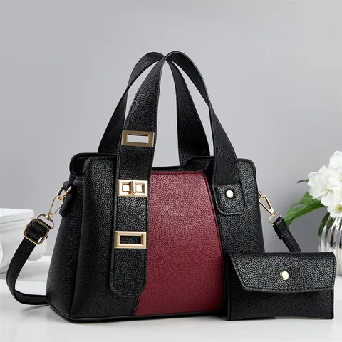 Fashion Women PU Leather Litchi Grain Handbag And Matching Purse Colorblock Shoulder Crossbody Bag For Daily Use Travel