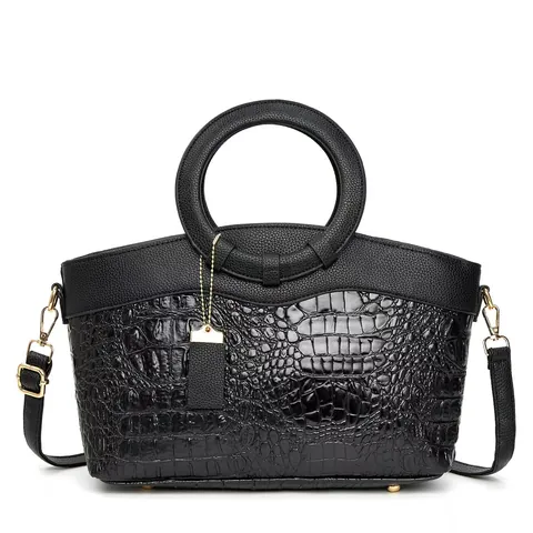Sac à Main Vintage en Cuir PU Gaufré Crocodile pour Femme Élégant Poignée Ronde Couture Sac à Bandoulière Grand Tote