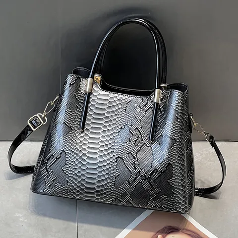Borsa Tote da Donna Vintage in Vernice con Motivo Serpente Borsa a Mano Lucida Sfumata alla Moda con Tracolla Regolabile