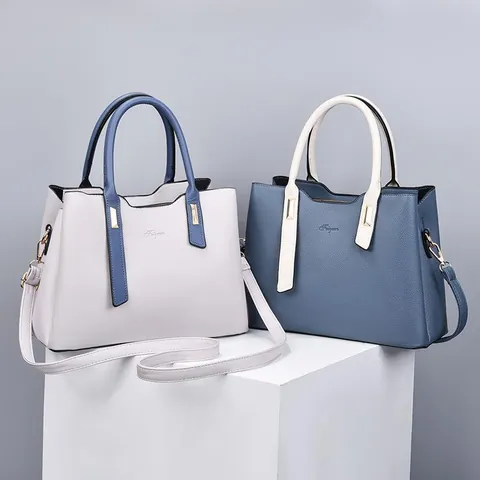 Modern PU Leather Handbag Women Elegant Large Capacity Contrast Color Shoulder Bag Detachable Strap Gold Hardware