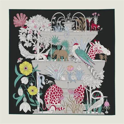 Vintage Animal Fountain Illustration Satin Square Scarf Women Large Artistic Print Wrap Shawl Elegant Headscarf Silk Like Fashion Scarf