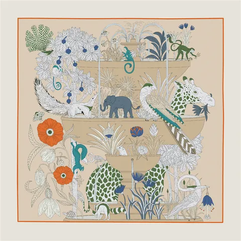 Vintage Animal Fountain Illustration Satin Square Scarf Women Large Artistic Print Wrap Shawl Elegant Headscarf Silk Like Fashion Scarf