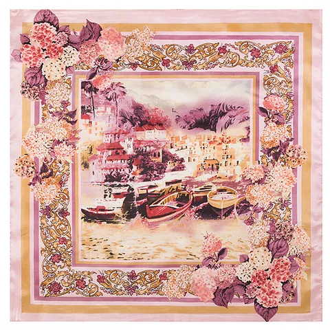 Elegant Women Satin Square Scarf Oil Painting Ship Floral Print Neck Scarf Hair Scarf Handkerchief Daily Decoration