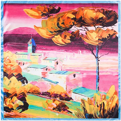 Women Artistic Oil Painting Landscape Square Scarf Satin Silk Like Large Shawl Neck Wrap For Travel Daily Decor