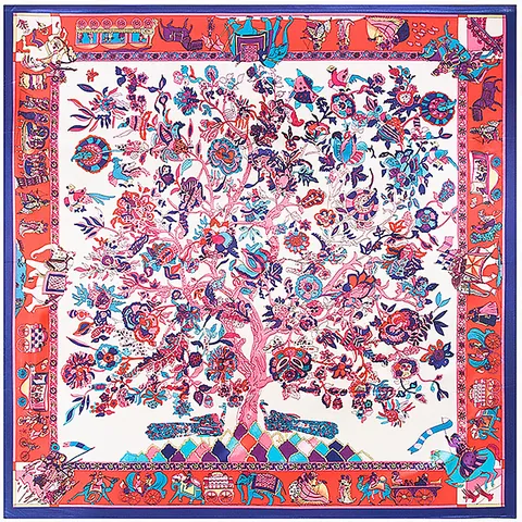 Carré de Soie en Satin Élégant pour Femme Motif Arbre de Vie Imprimé Ethnique Éléphant Floral Foulard Décoratif 90cm