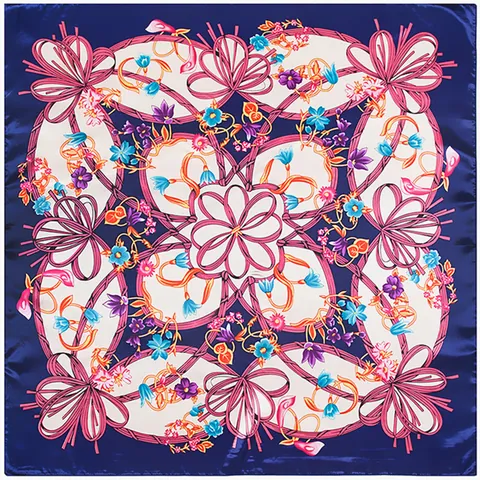 Foulard Carré en Satin de Luxe pour Femmes Imprimé Floral avec Nœud Élégant Mode Écharpe Effet Soie 90x90cm Écharpe Décorative