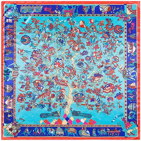 Carré de Soie en Satin Élégant pour Femme Motif Arbre de Vie Imprimé Ethnique Éléphant Floral Foulard Décoratif 90cm