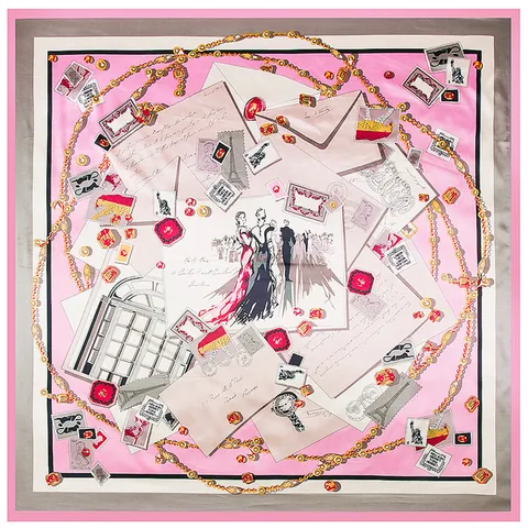 Vintage French Style Satin Large Square Scarf For Women Retro Postal Stamp Floral Print Elegant Decorative Headscarf Neck Scarf Shawl Wrap
