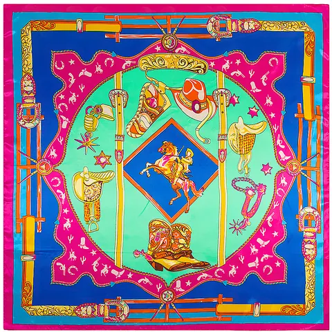 Women Western Cowboy Pattern Satin Square Scarf Horse Equestrian Belt Hat Print Large Head Scarf Neck Wrap Silk-Like Decorative Accessory