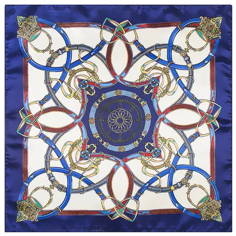 Women Vintage Equestrian Horse Carriage Chain Print Satin Square Scarf Luxury Belt Buckle Pattern Decorative Silk-Look Foulard