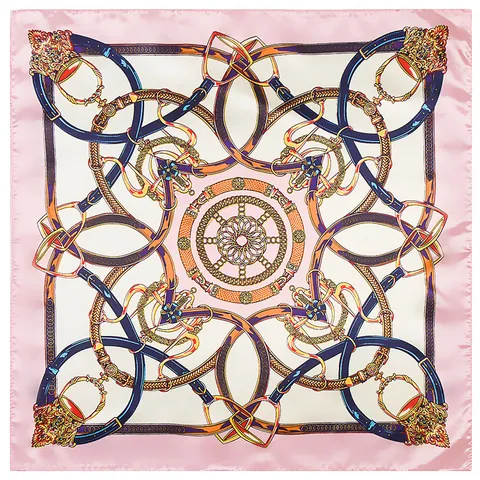 Women Vintage Equestrian Horse Carriage Chain Print Satin Square Scarf Luxury Belt Buckle Pattern Decorative Silk-Look Foulard