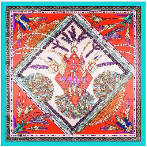 Dames Etnisch Veer Print Satin Vierkante Sjaal Elegant Geometrisch Patroon Grote Haarsjaal Decoratieve Nekdoek Voor Feest