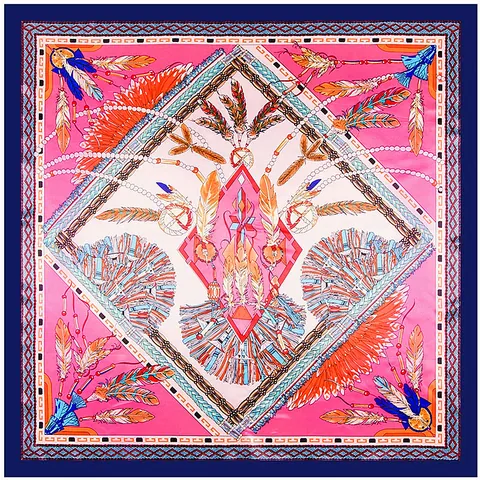 Dames Etnisch Veer Print Satin Vierkante Sjaal Elegant Geometrisch Patroon Grote Haarsjaal Decoratieve Nekdoek Voor Feest