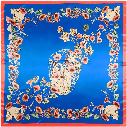 Foulard Quadrato in Satin con Stampa Floreale Teschio e Gloria del Mattino Sciarpa Grande Effetto Seta Stola Gotico Retrò