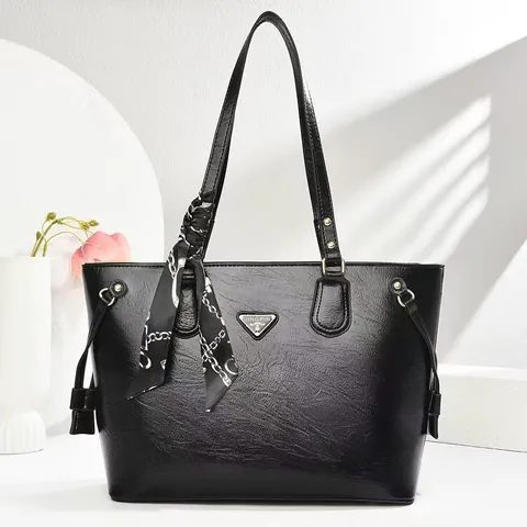 Women Large Capacity PU Leather Tote Bag Fashion Minimalist Shoulder Handbag With Silk Scarf Decor Solid Color Commuter Bag