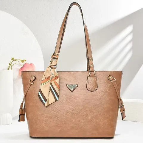Women Large Capacity PU Leather Tote Bag Fashion Minimalist Shoulder Handbag With Silk Scarf Decor Solid Color Commuter Bag