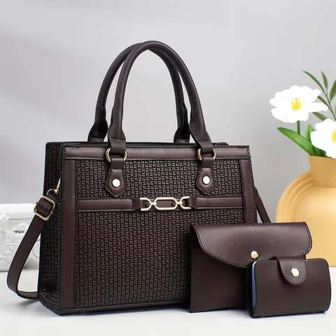 PU Leder Tragetasche Clutch Und Kartenhalter Monogramm Geprägt Geometrisches Muster Goldene Kette Dekor Damen Umhängetasche