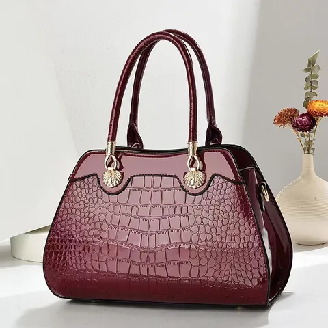 Dames Grote Capaciteit Krokodillenreliëf PU-Leren Handtas Elegante Glanzende Lakafwerking Schoudertas Crossbodytas Met Gouden Schelp Decor