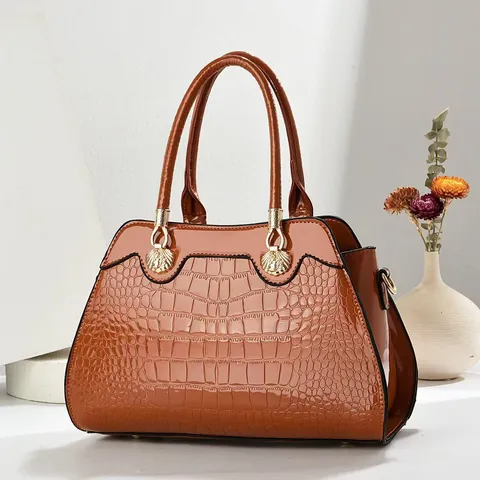 Dames Grote Capaciteit Krokodillenreliëf PU-Leren Handtas Elegante Glanzende Lakafwerking Schoudertas Crossbodytas Met Gouden Schelp Decor