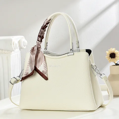 Damen Mode Litschi Muster PU Leder Tote Bag Große Kapazität Handtasche Mit Satinschal Dekor Crossbody Schultertasche Für Alltag