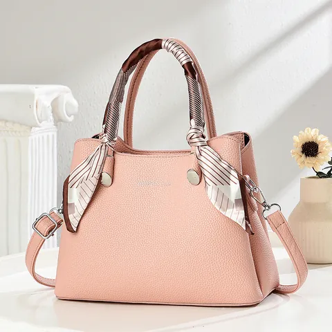 Women Elegant PU Leather Handbag Litchi Pattern Top Handle Bag With Satin Scarf Decoration Crossbody Shoulder Bag For Daily Work