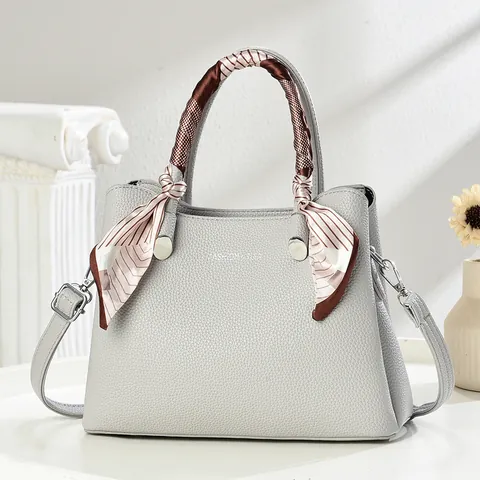 Women Elegant PU Leather Handbag Litchi Pattern Top Handle Bag With Satin Scarf Decoration Crossbody Shoulder Bag For Daily Work