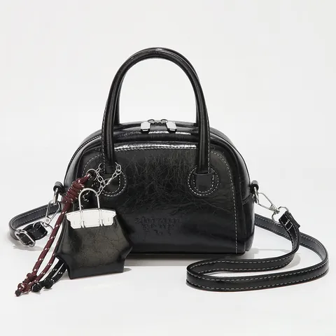 Women Vintage PU Leather Boston Bag Fashion Crinkled Texture Shoulder Crossbody Bag With Star Pendant Small Square Handbag