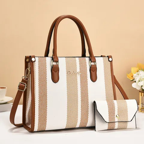 Women Tote Bag And Wallet Vertical Stripe Woven Canvas Handbag Large Capacity Commuter PU Leather Retro Stylish Trendy Bag