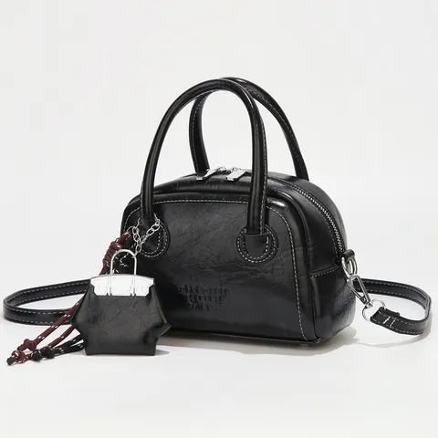 Women Vintage PU Leather Boston Bag Fashion Crinkled Texture Shoulder Crossbody Bag With Star Pendant Small Square Handbag
